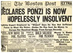 newspaper report of Charles Ponzi charged with 22 counts of larceny